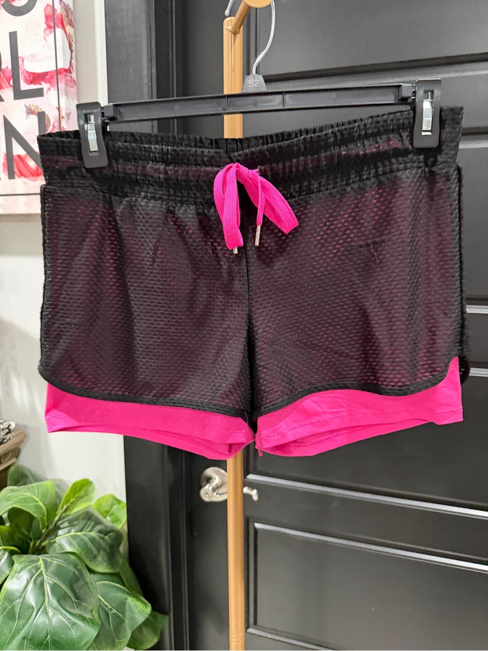 bebe Black Mesh Athletic Shorts with Hot Pink Trim